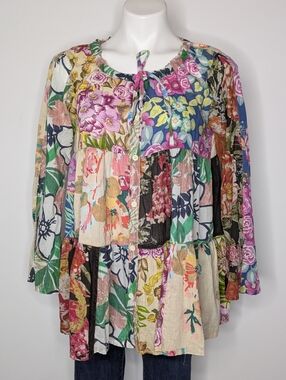 Sacred Threads Colorful Floral Patchwork Tie Neck Button Up Blouse M